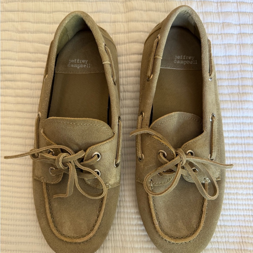 Jeffrey Campbell Women’s Suede Boat Shoes in Olive Tan